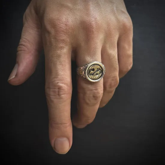 對鶴朝陽 菊紋印章戒指|Pair of Cranes Signet Ring(手工訂製款)