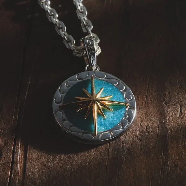 鎏金日耀之墜|Kingman Turquoise Sun Symbol and Arabesque 24K Gold Plated Pendant