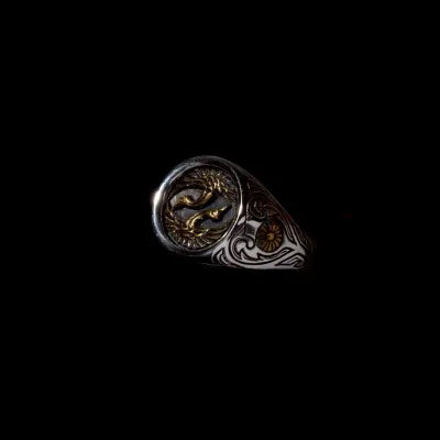 對鶴朝陽 菊紋印章戒指｜Pair of Cranes Signet Ring(手工訂製款)