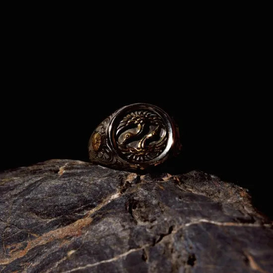 對鶴朝陽 菊紋印章戒指｜Pair of Cranes Signet Ring(手工訂製款)