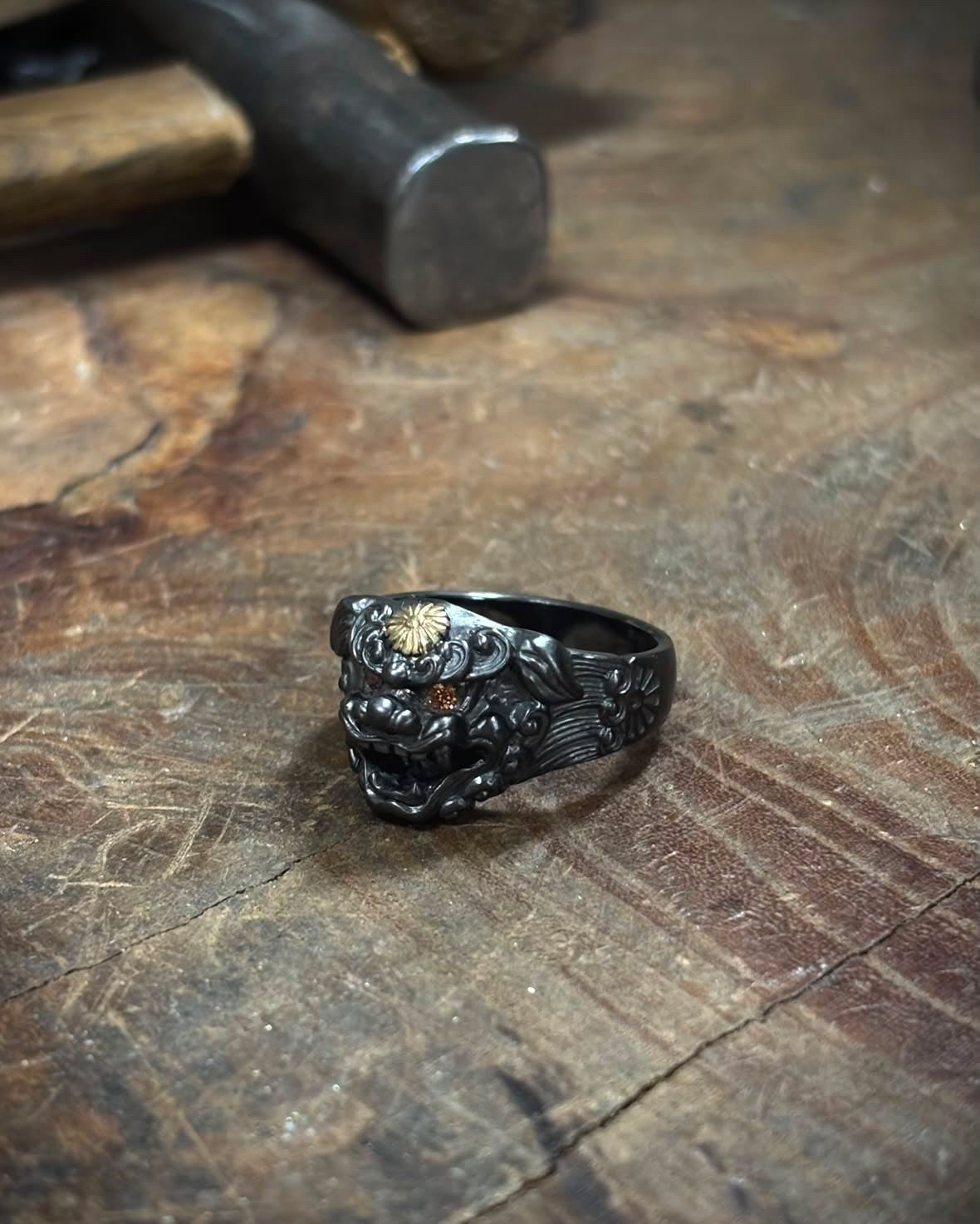 日本黑唐獅 複合材質銀戒｜Black Karajishi Ring (silver×brass)(手工訂製款)