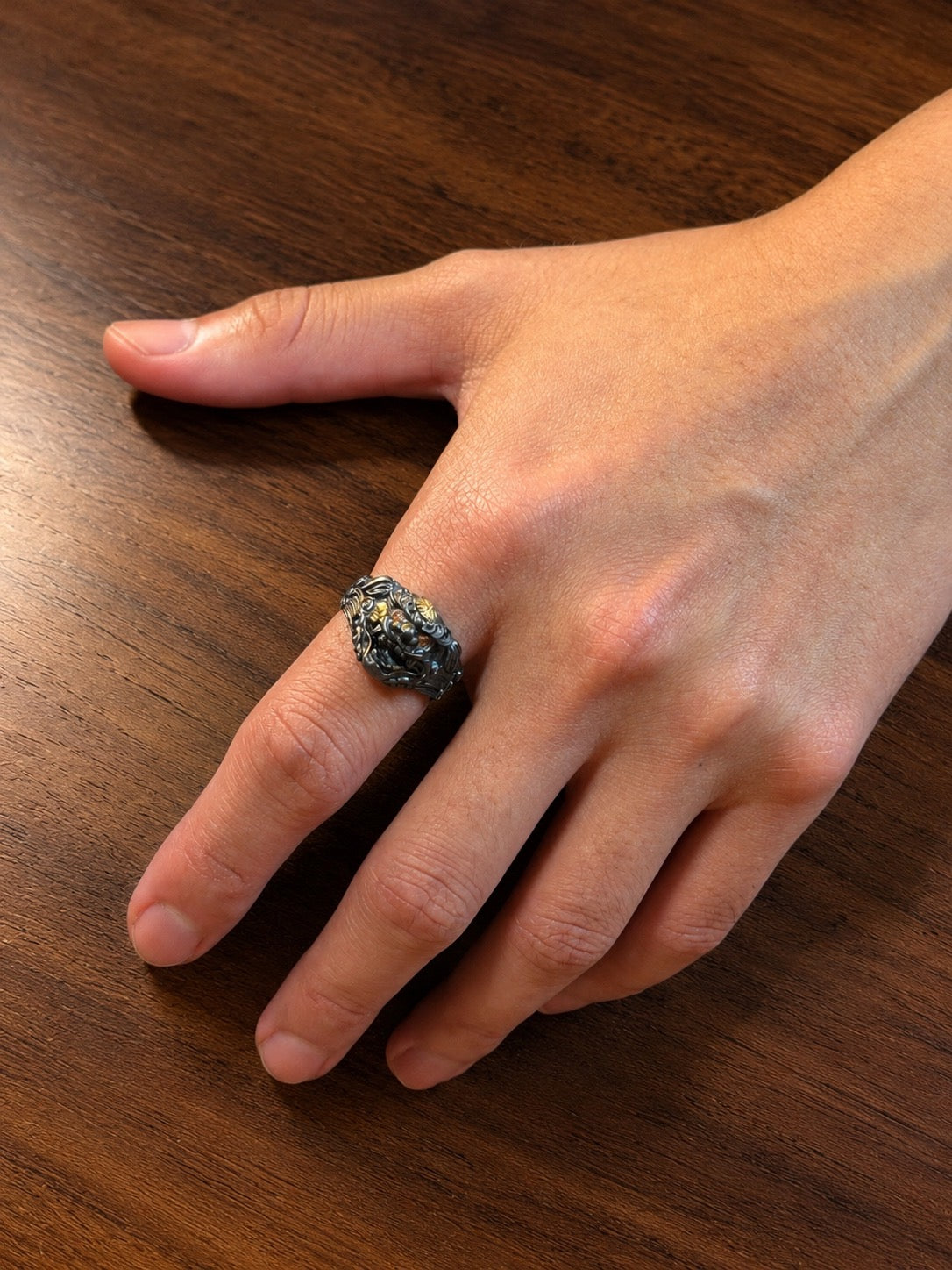日本黑唐獅 複合材質銀戒｜Black Karajishi Ring (silver×brass)(手工訂製款)